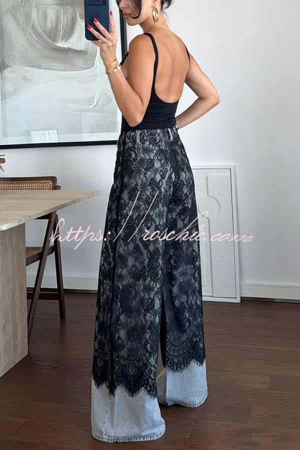 Leina Denim Lace Detail Patchwork High Rise Pocket Wide Leg Jeans