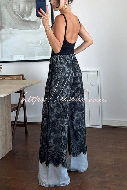 Leina Denim Lace Detail Patchwork High Rise Pocket Wide Leg Jeans