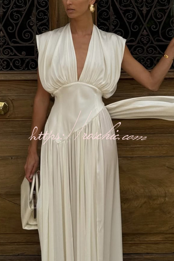 Elegant V-neck Sleeveless Fitted Waist High Slit Vacation Maxi Dress