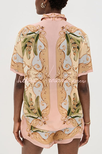Royalty Unique Print Button Up Short Sleeve Shirt and Elastic Waist Pocketed Loose Shorts Set