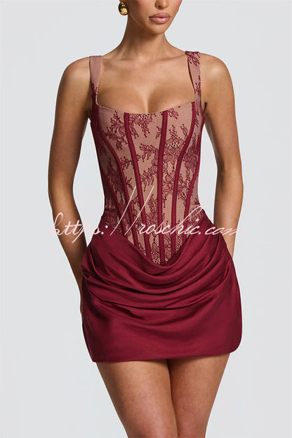 Cornelia Floral Lace Contrast Structural Detail Back Lace-up Satin Hem Mini Dress