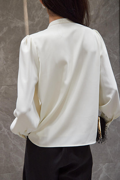 Beige Puffle Front Flounce-Trimmed Long Sleeve Blouse