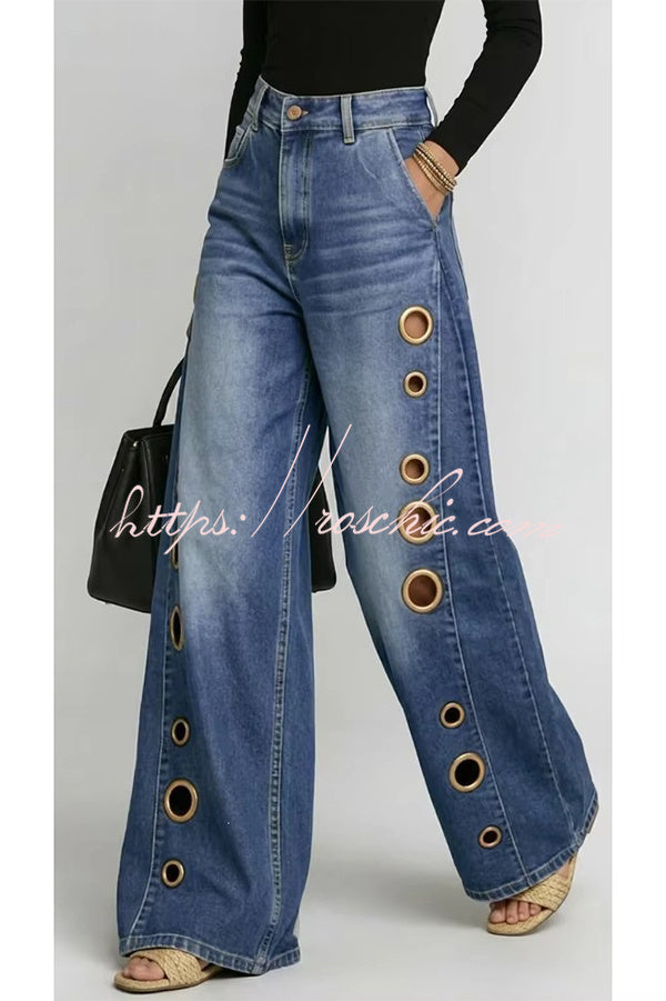 High-Street Edgy Eyelet Cut-Out Baggy Jeans