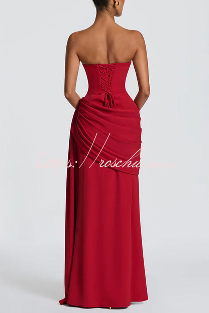 Matisse Strapless Pleated Cowl Overlay Back Lace-up Drape Panel Maxi Dress