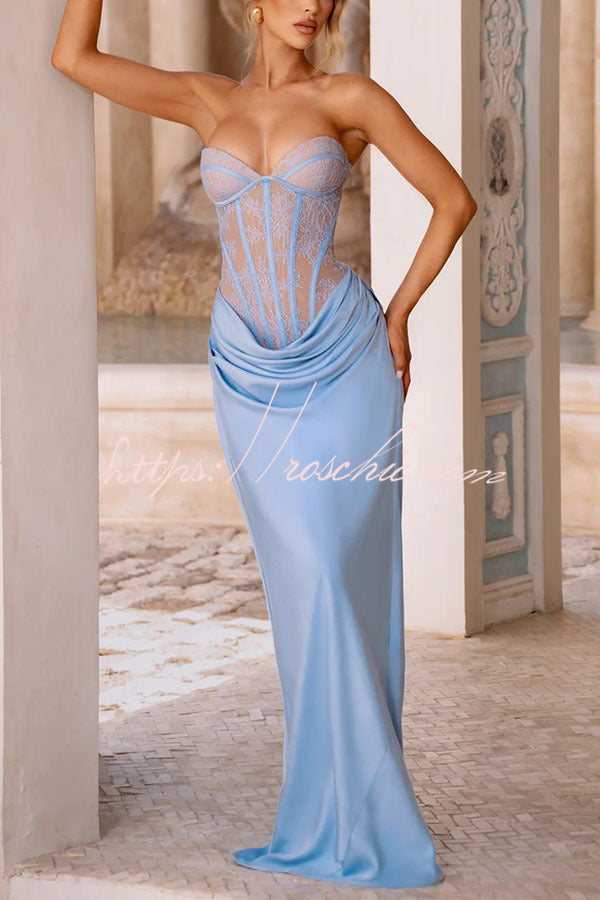 Kathleen Floral Lace Contrast Structural Detail Back Lace-up Satin Hem Strapless Maxi Dress
