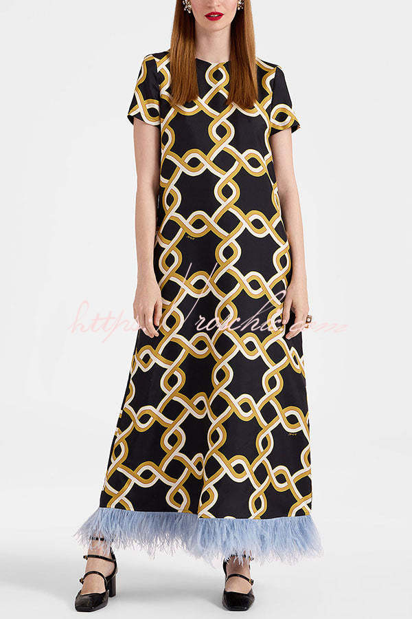 Annalisa Satin Court Style Contrast Color Printed Short Sleeve Pocket Feather Trim Maxi Dress