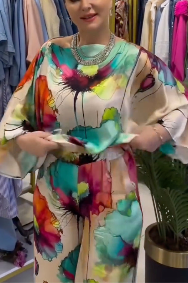 Ink Wash Floral Print Batwing Sleeve Wide Leg Pants Set