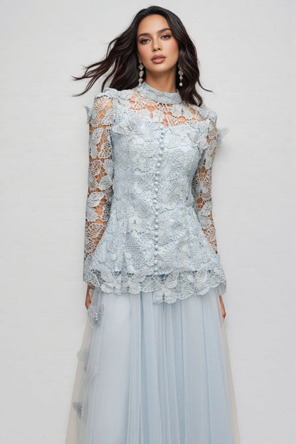 Hurof Folds Lace Butterfly Top Dress Two-Piece Set