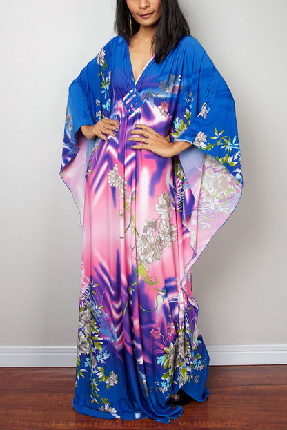 Unique Print Loose V-Neck Batwing Sleeve Casual Maxi Dress