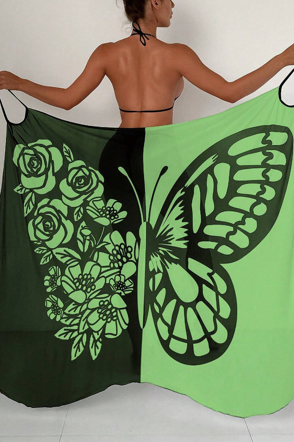 Fashionable Color-blocked Butterfly Print Resort Cover-up Midi Dress