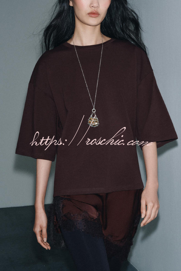 Stylish Round Neck Short-sleeved Patchwork Lace Hem Loose T-shirt