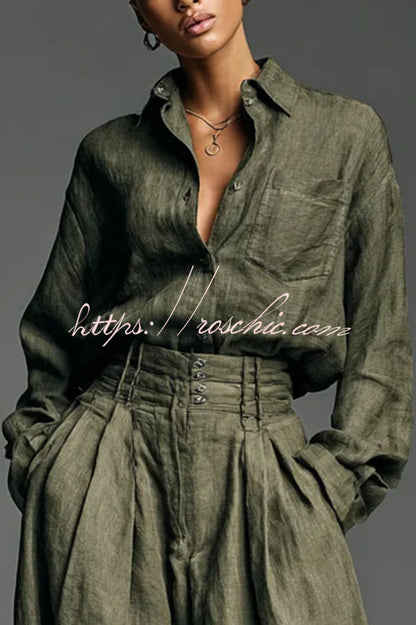 Linen Blend Lapel Long-sleeved Casual Shirt and High-waist Pocket Loose Wide-leg Pants Set