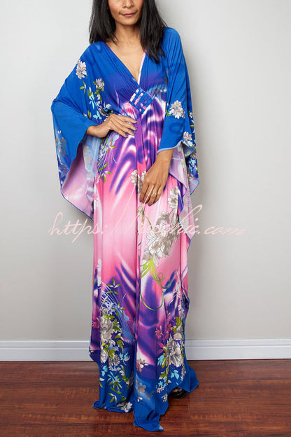 Unique Print Loose V-Neck Batwing Sleeve Casual Maxi Dress