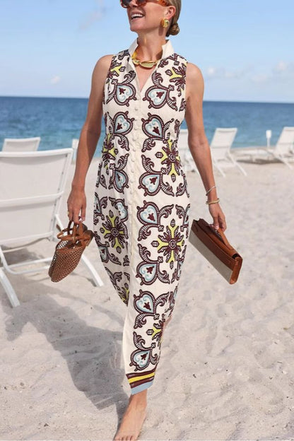 Unique Print Sleeveless Button Resort Midi Dress