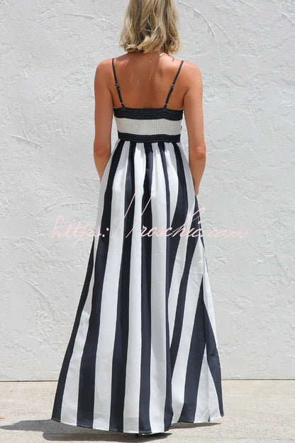 Color-blocked Striped Print Square Neck Suspender Casual Pocket Maxi Dress