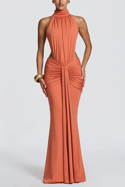 Thekla Stretch Slinky Jersey High Neck Ruched Backless Drape Maxi Dress