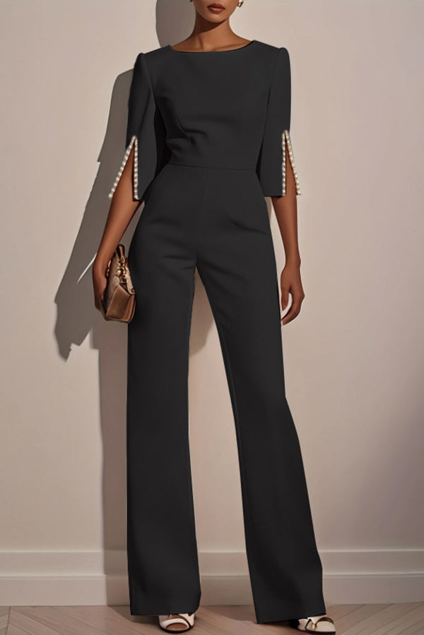 Solid Color Round Neck Beaded Decoration Slim Fit Casual Jumpsuit