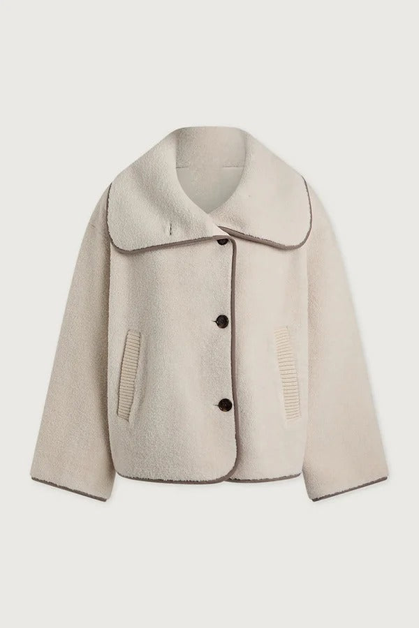 Romane Faux Fleece Fabric Contrast Trim Long Sleeve Knitted Pocket Lapel Loose Jacket