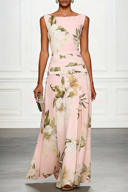 Classic Floral Print Boat Neck Ruched Waist Sleeveless A-Line Maxi Dress