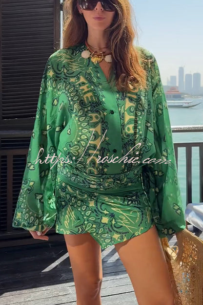 Sulena Linen Blend Ethnic Print Button Up Long Bell Sleeve Warp Tie-up Mini Dress