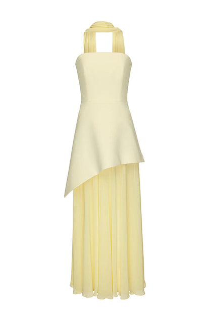 Monaco Off Shoulder Structured Top Chiffon Slit Hem Scarf Maxi Dress
