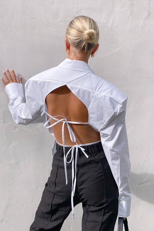 Vintage Tie Waist Cutout Open Back Elegant Blouse