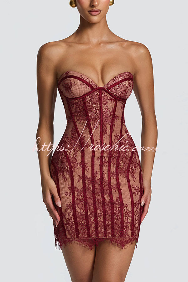 Jaya Floral Lace Contrast Structural Detail Back Lace-up Strapless Slit Mini Dress