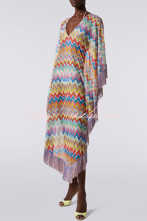 Casie Knit Colorful Zigzag Pattern Fringe Trim Cover-up Vacation Maxi Dress