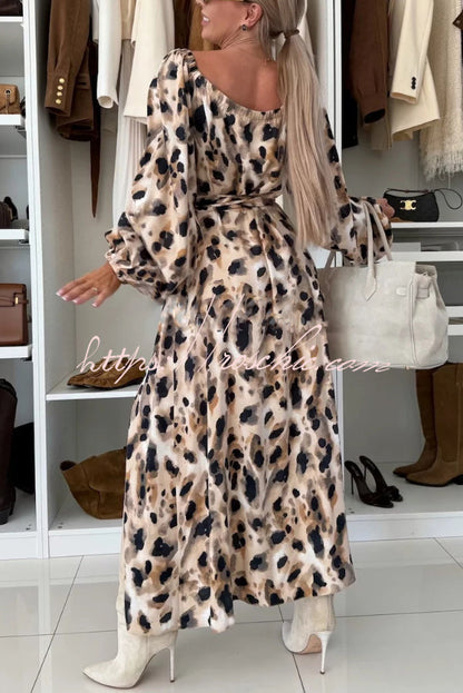 Unique Printed V-neck Long-sleeved Waist Tie Slit Maxi Dress