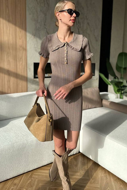 Fitted Peter Pan Collar Short-Sleeve Cable-Knit Sweater Dress