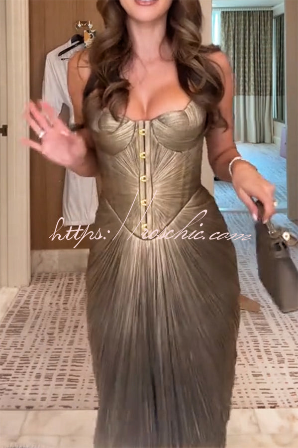 Vegas Queen Metallic Pleated Sculpted Bodice Back Lace-up Drape Maxi Dress