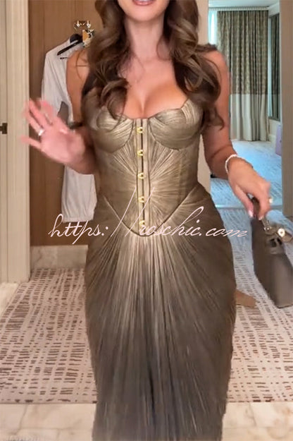 Vegas Queen Metallic Pleated Sculpted Bodice Back Lace-up Drape Maxi Dress