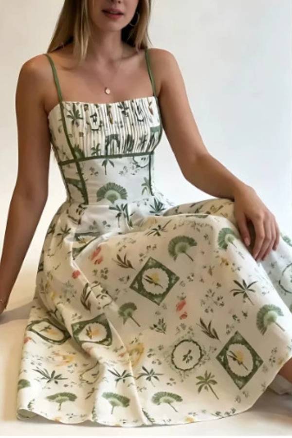 Tropical Plant Print Pleated Strap Waisted A-Line Midi Dress