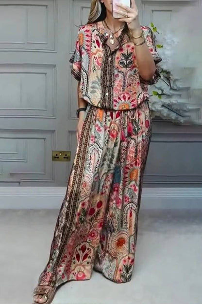 Boho Print Tassel Detail Casual Elastic Waist Pocket Wide-Leg Pants