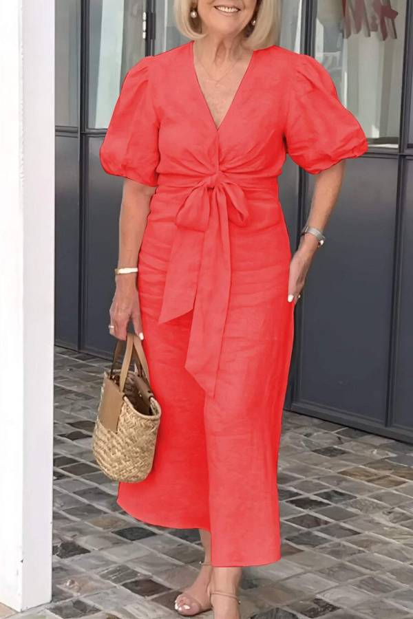 V-Neck Puff Sleeve Twisted Waist Tie Midi Dress