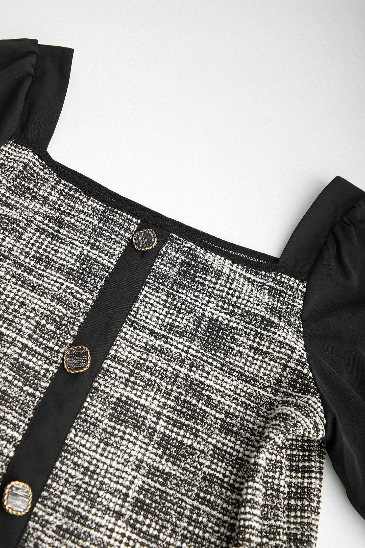 Black Tweed Square Neck Button Detail Puff Sleeve Blouse