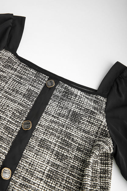 Black Tweed Square Neck Button Detail Puff Sleeve Blouse