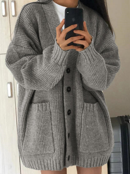 Preppy Solid Color V Neck Baggy Cardigan