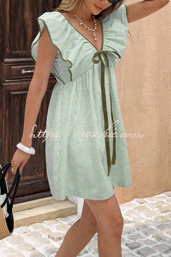 Striped Print Loose V-neck Tie Bow Casual Mini Dress