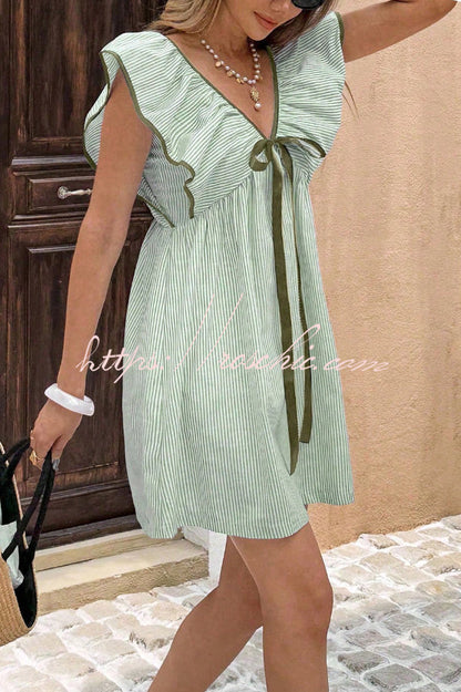 Striped Print Loose V-neck Tie Bow Casual Mini Dress