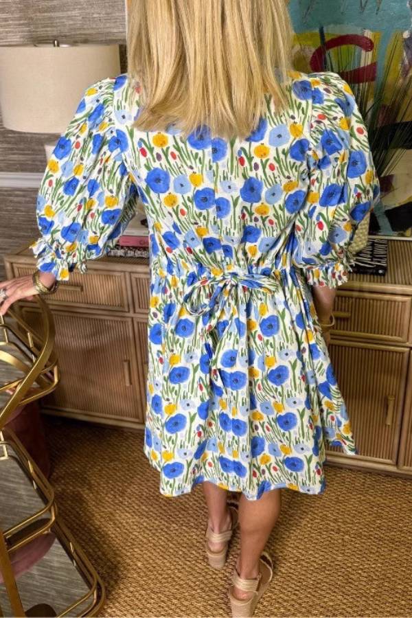 Watercolor Floral Print Tie-Waist Puff Sleeve Shirt Dress