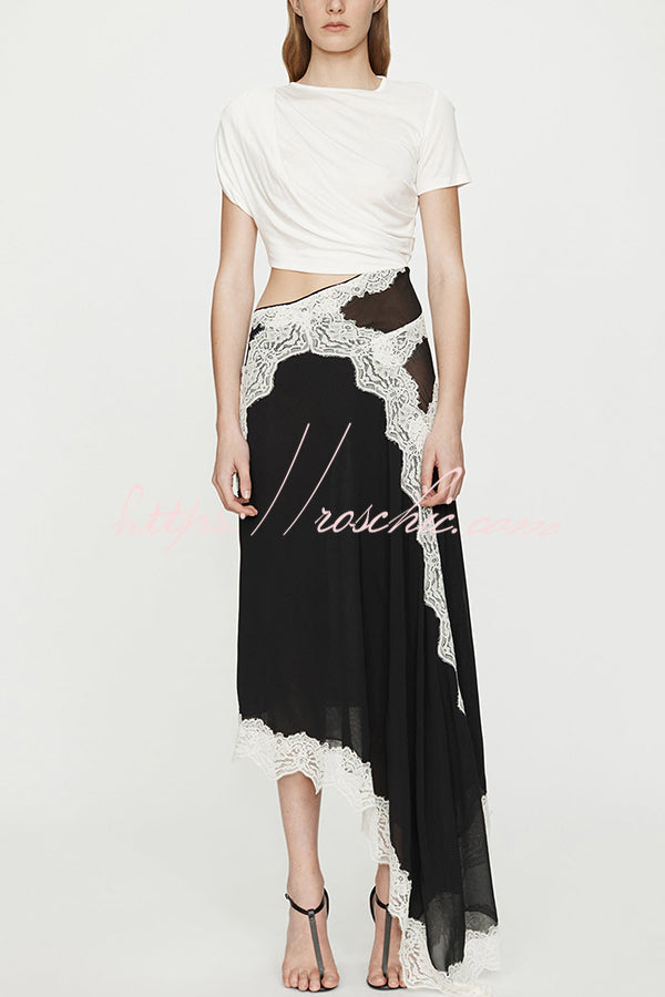 Verve Twisted Drape Across Tee Chiffon Lace Trim Hem Maxi Dress
