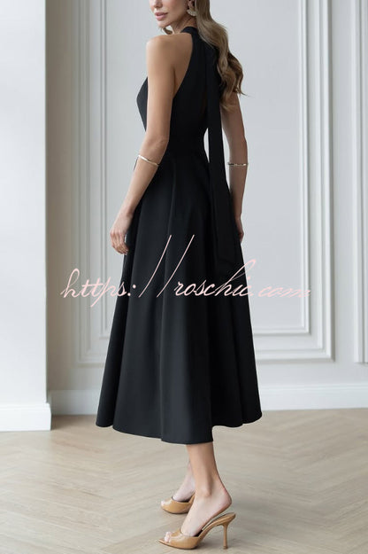 Solid Color Halter Neck Bow Tie Elegant Waist-cinching Midi Dress