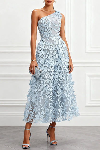 Lynelle Tulle 3D Floral Butterfly One Shoulder Sleeveless A-Line Midi Dress