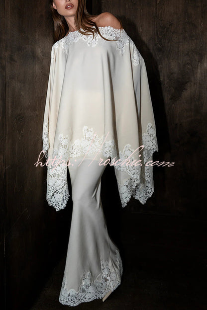 Like A Swan Satin Lace Trim High Rise Elastic Waist Drape Maxi Skirt