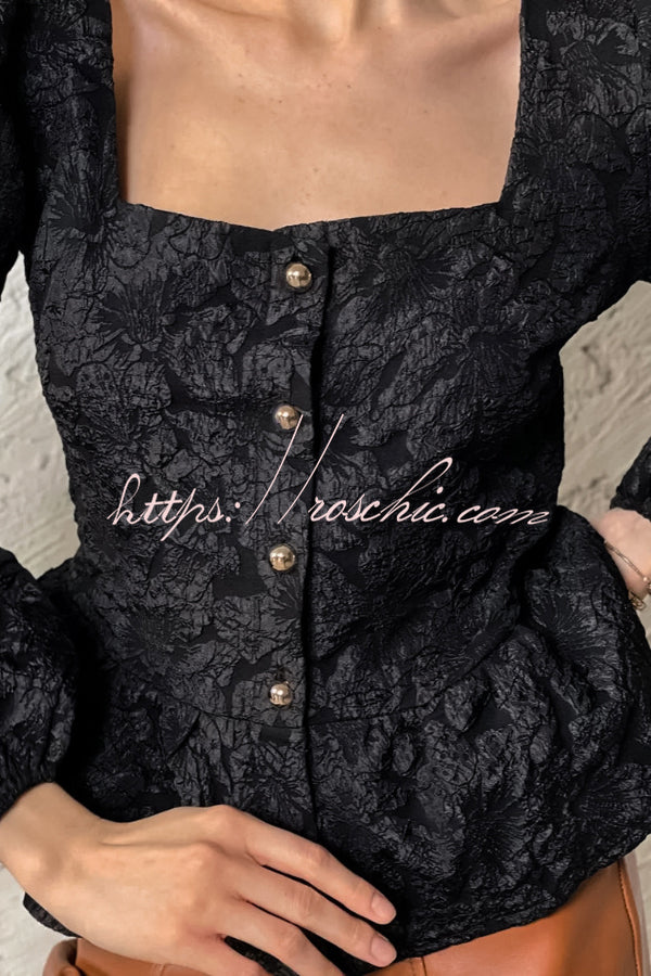 Solid Color Jacquard Square Neck Puff Sleeve Elegant Button Top