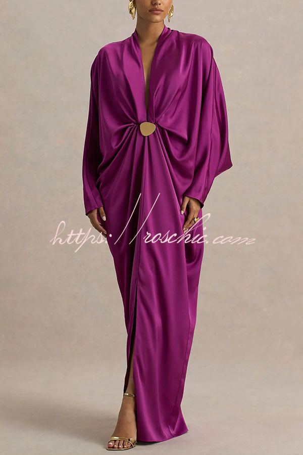 Tina Satin Plunge V-neck Gold Trim Detail Long Batwing Sleeve Maxi Dress