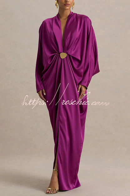 Tina Satin Plunge V-neck Gold Trim Detail Long Batwing Sleeve Maxi Dress