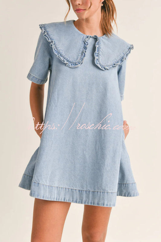Solid Color Loose Short-sleeved Casual Ruffled Denim Mini Dress