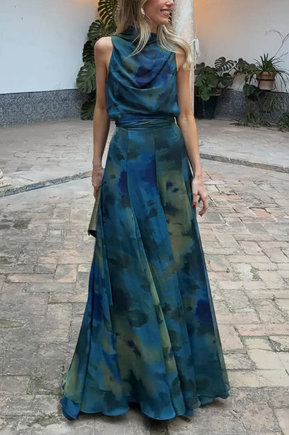 Ione Chiffon Ombr¨¦ Print Cowl Neck Top and High Rise Maxi Skirt Set with Scarf